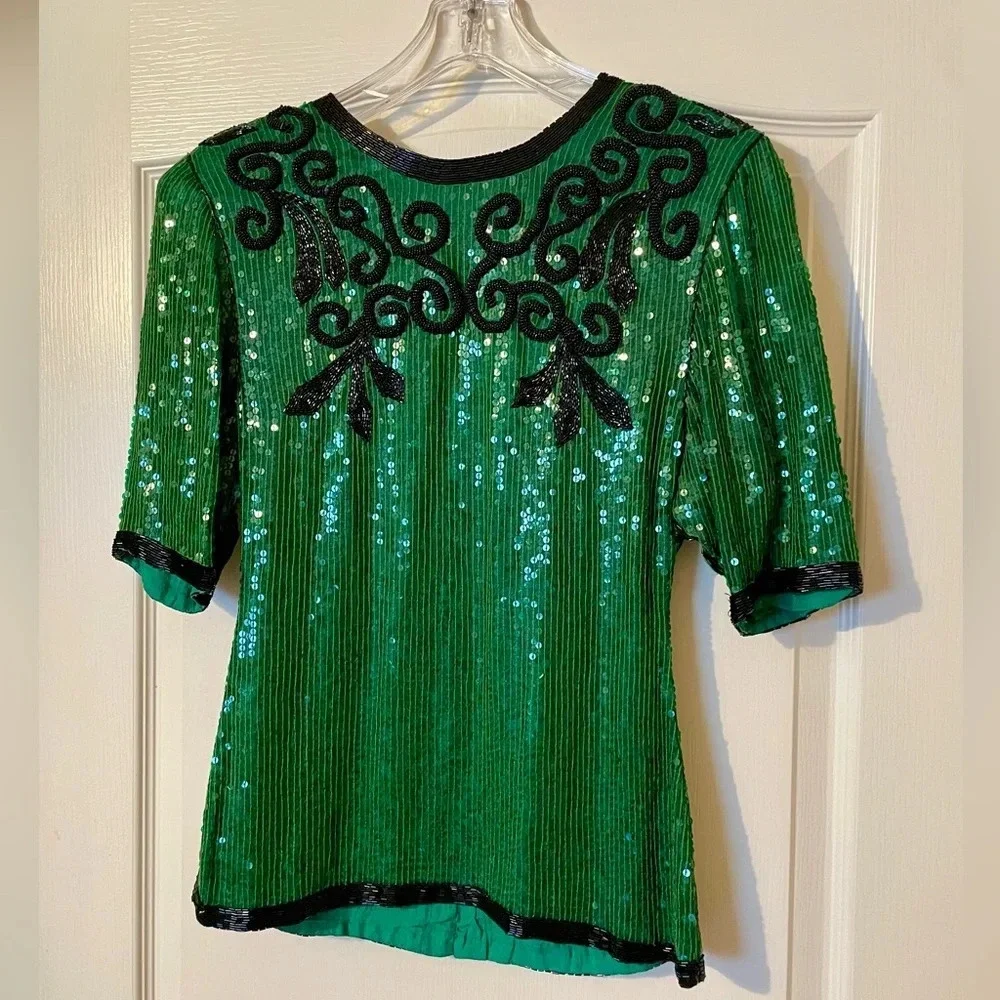 Vintage Justine Todd 100% Silk Green Beaded Sequin Top Size XS Petite Party Fest
